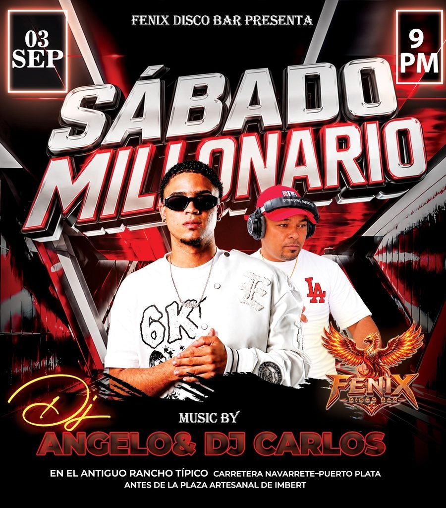 Flyer de Sábado Millonario en Fénix Disco Bar con DJ Angelo y DJ Carlos; fecha impresa: 03 SEP, 9 PM.
