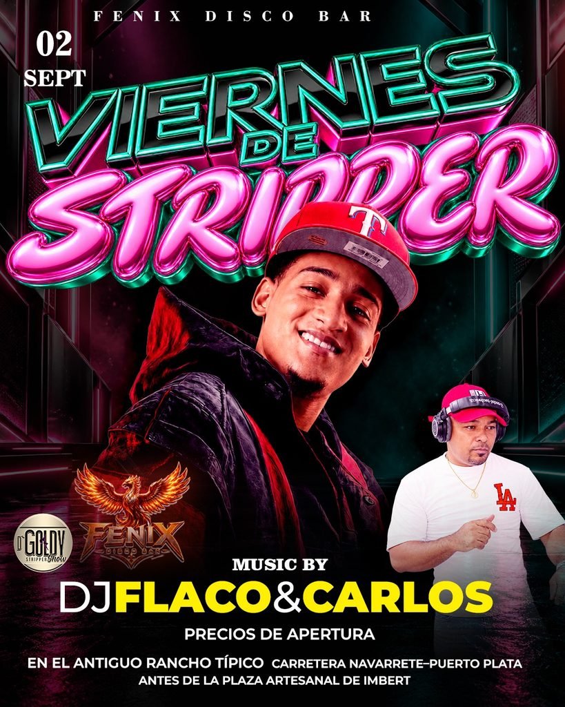 Flyer de Viernes de Stripper en Fénix Disco Bar con DJ Flaco y DJ Carlos; fecha impresa: 02 SEPT.